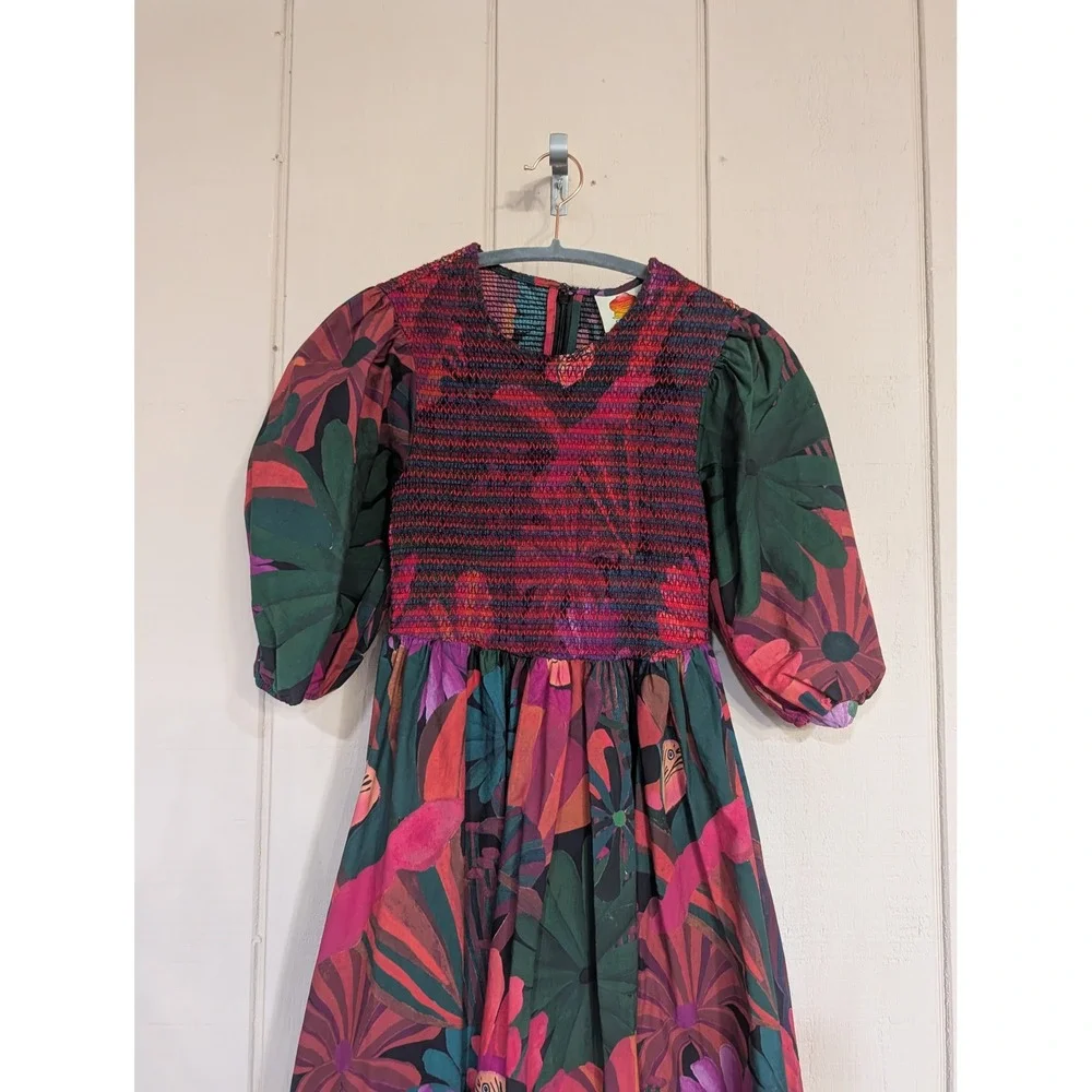 Farm Rio Dark Flowers Smocked Midi Dress Puff Sleeve Floral XS - Picture 4 of 16